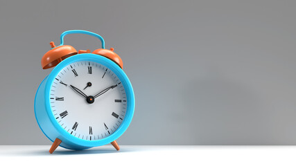 3d render alarm clock colored realistic on a gray background on the left side