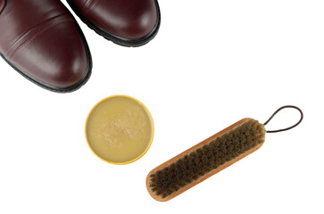 Closeup of shoe and shoe care accessories