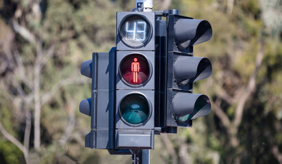 Pedestrian traffic light sign red, do not walk symbol. Remaining time for not cross the road.