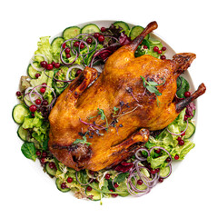 Isolated plate of festive baked stuffed duck on the white background