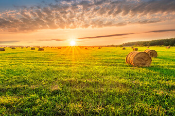 Scenic view at picturesque burning sunset in a green shiny field with hay stacks, bright cloudy sky...