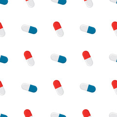 Medical drugs, various pills, seamless pattern. Medicines prescribed by doctor. Capsules for treatment of disease. Pharmacy, texture background.