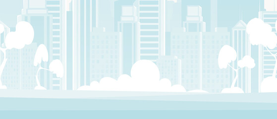 Fototapeta premium City background in blue tones. Poster or banner with place for your design. Vector illustration in cartoon style.