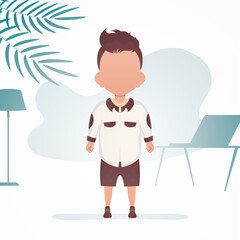 A cute little boy is depicted in full growth. Banner with a child. Vector illustration in cartoon style.