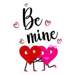 Vector couple in love two happy hearts with be mine hand drawing writing