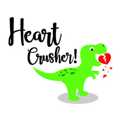 Obraz premium Vector cute green dinosaur crushing heart valentine dinosaur vector illustration with handwriting text