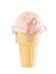 Single Scoop of Strawberry Cheesecake Ice Cream in a Sugar Cone on a White Background