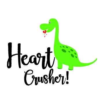 Vector cute green dinosaur crushing heart valentine dinosaur vector illustration with handwriting text