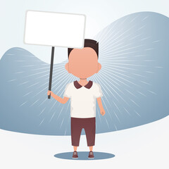 Fototapeta premium Cute little baby boy with a blank banner. Place for your text. Vector illustration in cartoon style.