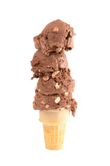 A Tower of Four Scoops of Rocky Road Ice Cream Isolated on a White Background