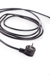 Electrical power cable with EU plug. Object is isolated on white background without shadows.