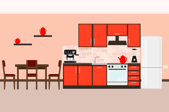 beautiful red kitchen with household appliances for cooking food refrigerator oven stove cabinets and shelves