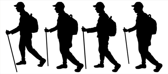 A guy with a backpack behind his back and a cap on head, holding walking sticks in his hands. Men tourists walk one after another in one line. Tourist. Hiking. Four black silhouettes isolated on white