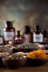 Medicine bottles and herbs background
