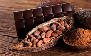 Chocolate bar, candy sweet, dessert food on wooden background