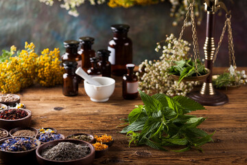 Fresh medicinal, healing herbs on wooden