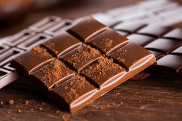 Dark homemade chocolate bars and cocoa pod on wooden
