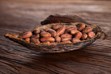 Cocoa pod on wooden table