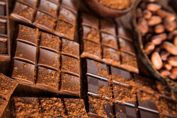 Bars Chocolate , candy sweet, dessert food on wooden background