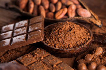 Chocolate bar, candy sweet, dessert food on wooden background