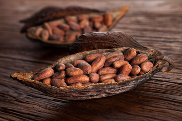 Cocoa pod on wooden table