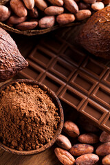 Cocoa pod and chocolate bar and food dessert background