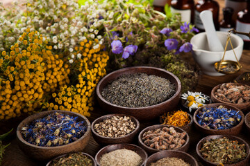 Healing herbs on wooden table, mortar and herbal medicine