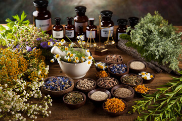 Natural medicine on wooden table background