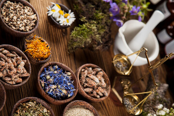 Obraz na płótnie Canvas Healing herbs on wooden table, mortar and herbal medicine