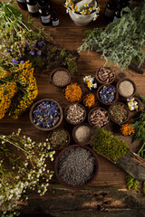 Alternative medicine, dried herbs and mortar on wooden desk background