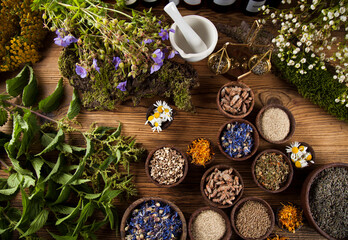 Herbal medicine on wooden desk background