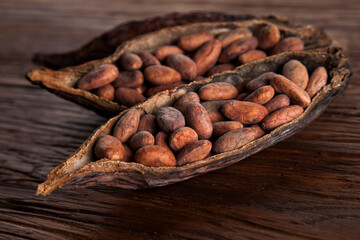 Cocoa pod on wooden table