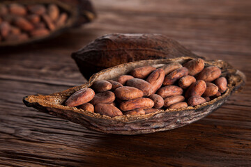 Cocoa pod on wooden table