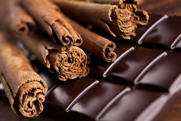 Dark chocolate with  candy sweet, dessert food, cinnamon