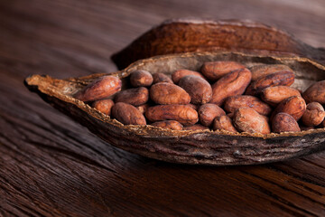 Cocoa pod on wooden table