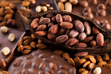 Bars Chocolate , candy sweet, dessert food on wooden background