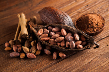Aromatic cocoa, powder and Dark chocolate background