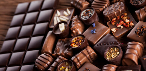 Chocolate bars and pralines on wooden background