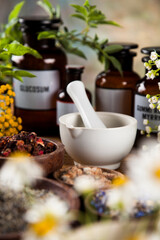 Natural medicine, herbs, mortar on wooden table background
