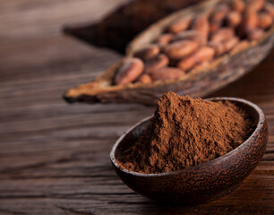 Cocoa beans in the dry cocoa pod fruit on wooden background