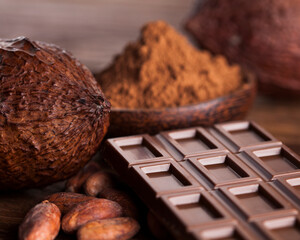 Cocoa pod and chocolate bar and food dessert background