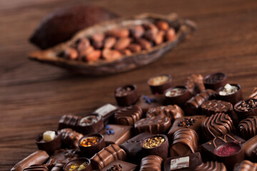 Praline Chocolate on wooden backgroud