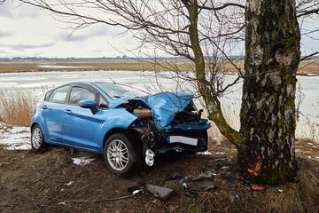 Car collision with a tree on a road at the scene of a car accident