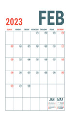 February. Planner 2023 year. English vector vertical template. Week starts on Sunday