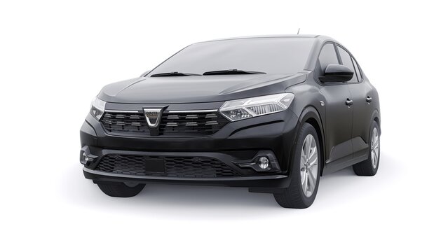 Paris. France. March 22, 2022. Dacia Logan 2021 is a cheap family European car also known under the Renault brand. A black car model on a white isolated background. 3d illustration
