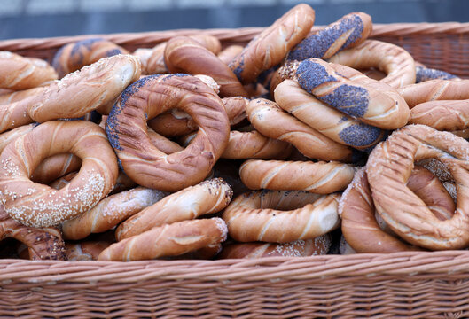 Traditional Cracovian  prezels with salt,  poppy and sesame seeds