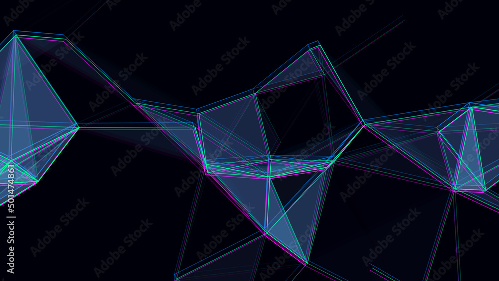 Poster network connection structure with glitch effect. abstract blue background with moving dots and lines