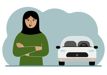 Happy muslimwoman next to a beautiful white car. Vector