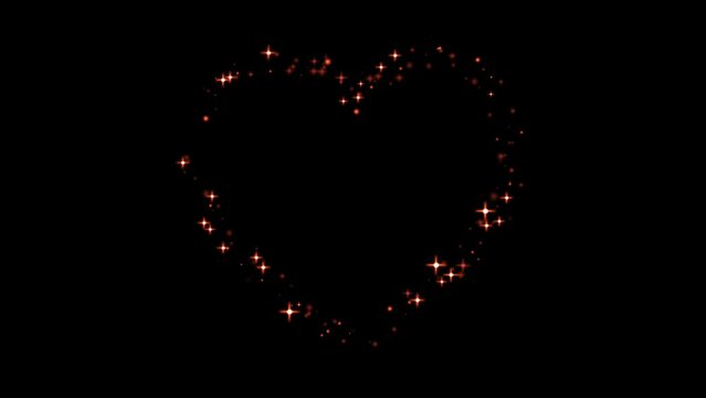 Animation red light sparkles heart shape on black background.
