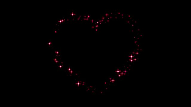 Animation pink light sparkles heart shape on black background.
